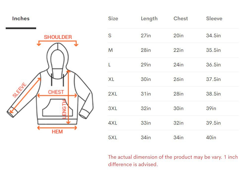 Unisex Hoodie size chart