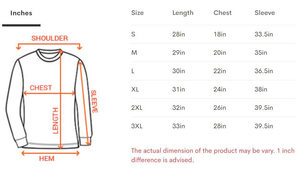 Unisex Long Sleeve size chart