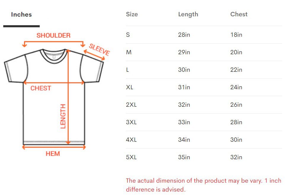 Unisex Tee size chart