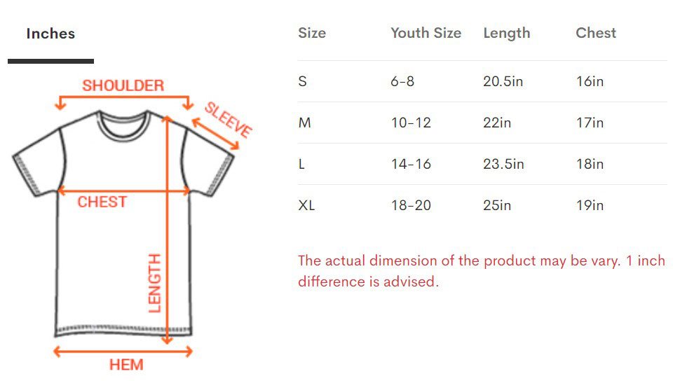 Kids Tee size chart