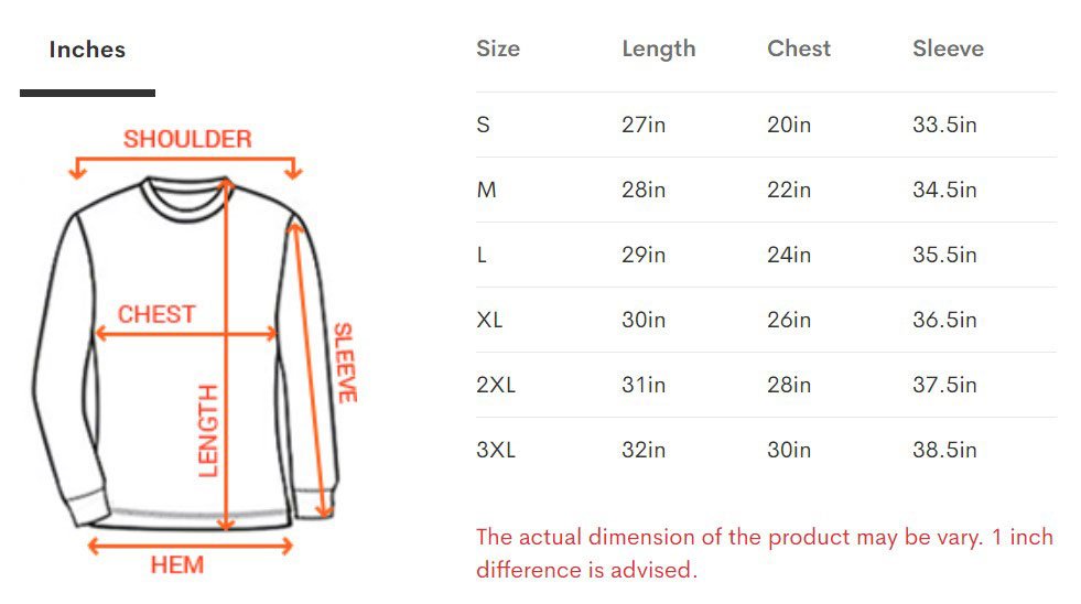 Unisex Crewneck Sweatshirt size chart