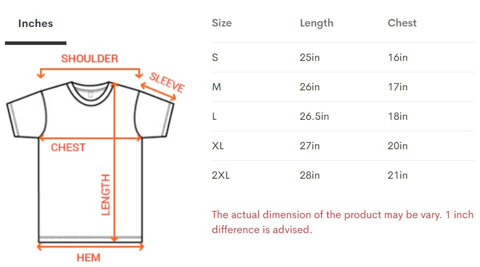 Ladies Tee size chart
